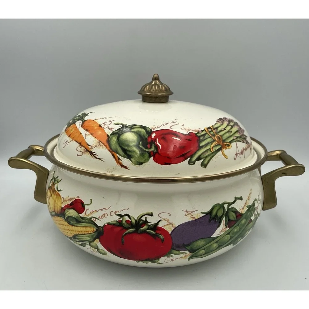 Vtg 3 Qt Farmers Market Enamel Ware Casserole Pot Brass Handles Vegetable Motif